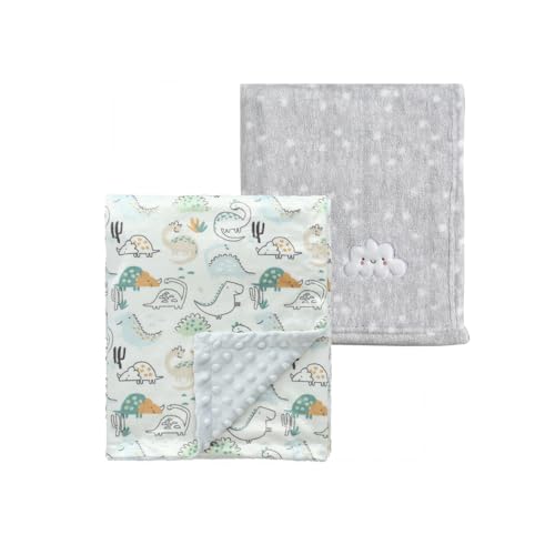 CREVENT 2枚セット 76 x 102 cm 可愛い ふわふわで温かい ベビー毛布 乳幼児用 ベビーベッド 布団 ベビーカー対応 - グレー クラウド + 恐竜