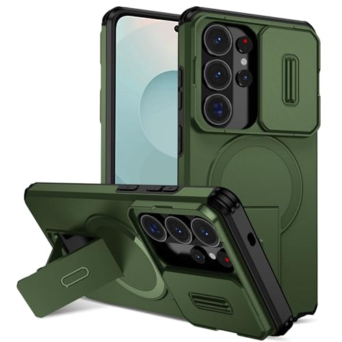 �����^�܂肽���ݎ��g�ѓd�b�A�[�}�[ Samsung Galaxy S26 Ultra 5G �Ή����C�P�[�X�A�L�b�N�X�^���h&�X���C�h�J�����J�o�[�t���A���ȃX�^���h�ی�ϏՌ��X�����ϏՌ��P�[�X(Green)