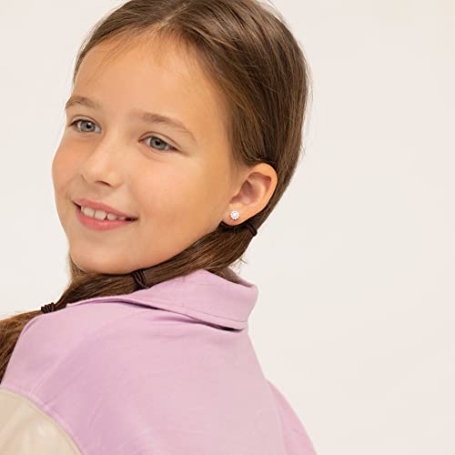 925 Sterling Silver 6mm Dazzling Pink Cubic Zirconia Flower Earrings, Best for Toddlers, Little Girls and Pre Teens - Screw Back Locking Floral Lover Girl's Earrings Set! Formal & Party Outfit2