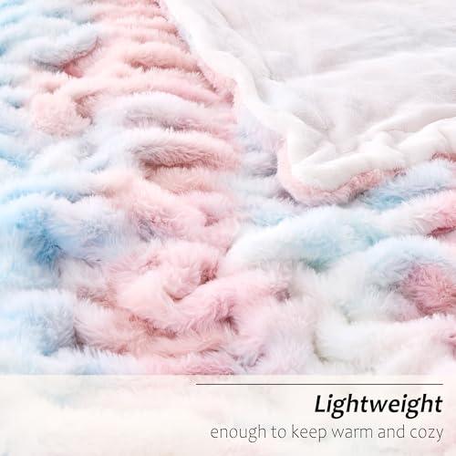 Viviland Faux Fur Throw Blanket for Bed Couch Sofa - Soft Cozy Furry Warm Throw - Comfy Shaggy Blanket - Machine Washable - Pink & Blue Fuzzy Plush Throw - 50"× 60" — view 3