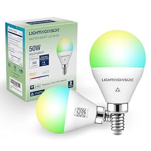 Matter E12 Smart Light Bulbs 50W Equivalent 5W 550LM, Compatible with Alexa/Siri/Apple Home/Google Home/SmartThings, G16.5 RGBCW Candelabra Ceiling Fan Bulb, 2.4G WiFi, ETL Listed, 2PCS