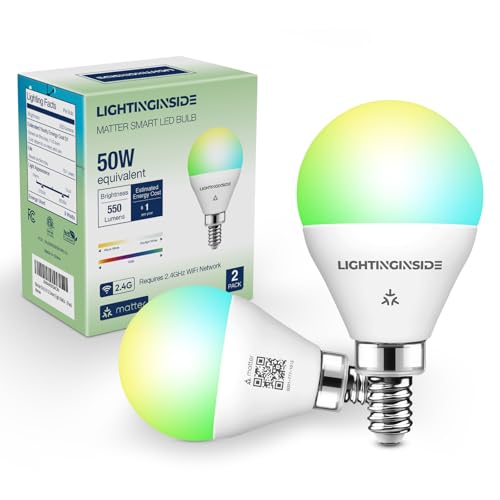 Matter-E12-Smart-Light-Bulbs-50W-Equivalent-5W-550LM-Compatible-with-AlexaSiriApple-HomeGoogle-HomeSmartThings-G165-RGBCW-Candelabra-Ceiling-Fan-Bulb-24G-WiFi-ETL-Listed-2PCS Matter E12 Smart Light Bulbs 50W Equivalent 5W 550LM, Compatible with Alexa/Siri/Apple Home/Google Home/SmartThings, G16.5 RGBCW Candelabra Ceiling Fan Bulb, 2.4G WiFi, ETL Listed, 2PCS - Image 1