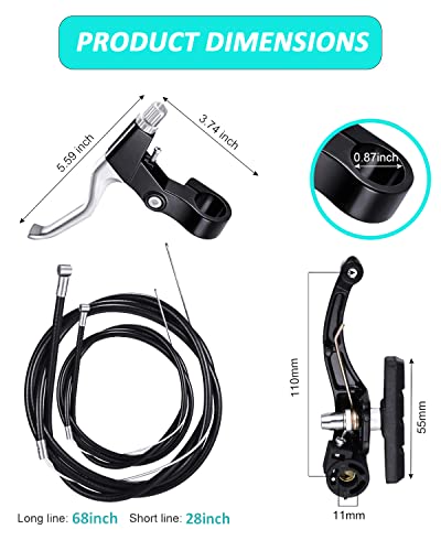 Bike Brakes, Hosrnovo Universal Aluminum Alloy V Shape Brake Levers with 2 Pieces Braking Cables, Replacement Full Set for Road Mountain Bicycle - Thumbnail 5
