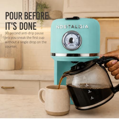 Image of Nostalgia Classic Retro 10 Cup Coffee Maker - One-Touch Drip Brew, Reusable Filter - Anti-Drip, Auto Shutoff, & Time Display - Dishwasher Safe 50 oz Carafe - Aqua