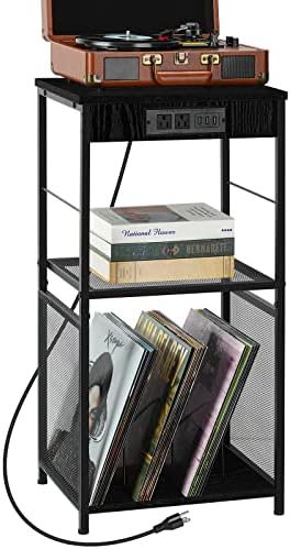 PLOOHT 3-Tier Record Player Stand With Charging Station & Storage For 200+ Vinyl Albums