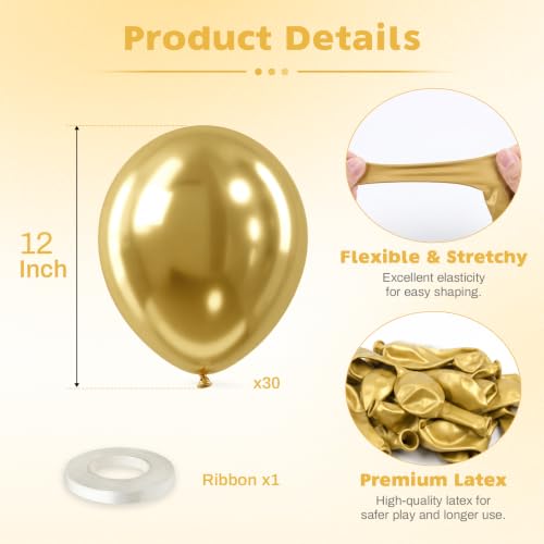 Image of Metallic Gold Balloons, 12 Inch Chrome Gold Latex Party Balloons | 30 Pack Gold Balloons for Birthday, Retirement, New Years, Anniversary, Graduation, Bachelorette, Casino Disco Decor