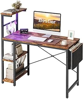 Bestier Computer Desk with Shelves Small Corner Desk with LED Lighting 113CM Reversible Computer Desk Writing Table with Side Pocket Storage Bag & Accessories Hanger for Home Office Small Space