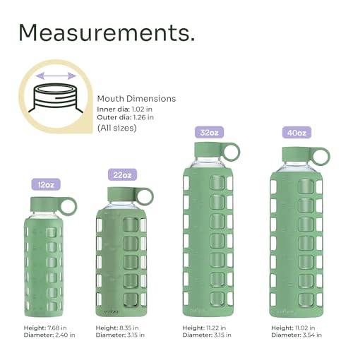 purifyou 40oz / 32oz / 22oz / 12oz Borosilicate Glass Water Bottle with Time & Volume Markers, Silicone Sleeve, Stainless Steel Lid | Reusable Glass Bottle for Water & Juice (40oz Shale Green)