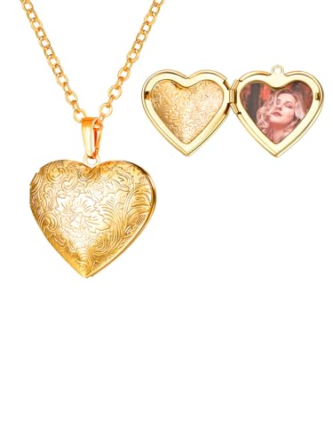 U7 Collier pour Femme Photo Personnalisé Plaqué Or Jaune Pendentif Médaillon Coeur Motif Fleur avec Chaîne Réglable 50+5cm