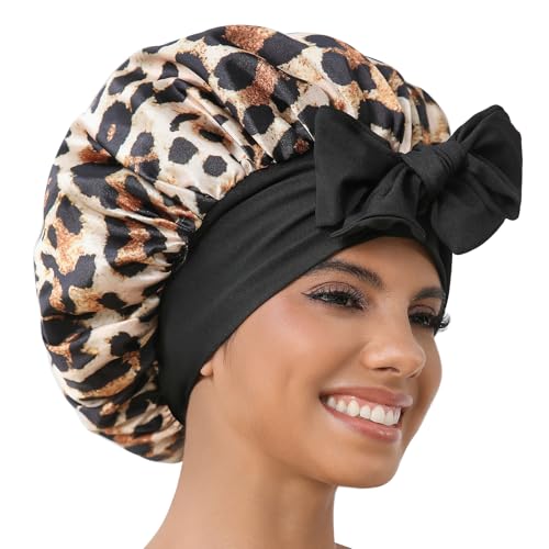 GDTOGRT Satin Silk Bonnet for Sleeping Women Double Layer Sleep Hair Bonnets Caps for Curly Natural Hair with Tie Band Leopard-Black