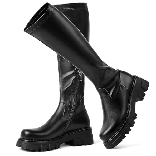 CouieCuies Women's Knee High Boots Black Tall Boot Lug Sole Shoes Stretch Below the Knee Comfortable Thick Sole Dressy Half Zipper