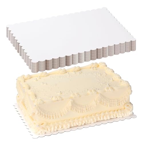 RAMFIYN 20 Pack 14x10 White Cake Board Sheets Rectangle Decorating Wavy Cardboard Grease Proof Foil Base Stand Disposable Plates for Desserts Pastries Display