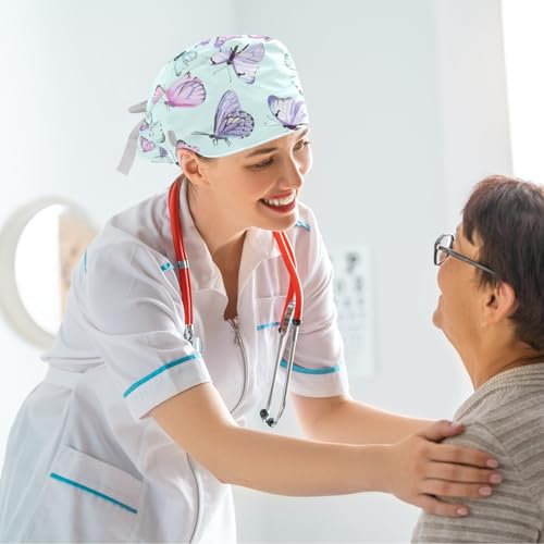 Image of Butterfly Scrub Cap Women with Ponytail & Buttons Adjustable Surgical Nurse Hat with Cotton Sweatband for Long Hair