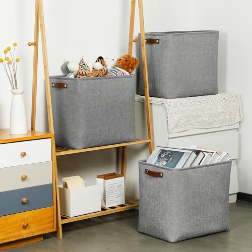 Image of DULLEMELO Large Storage Baskets for Blankets Living Room 51L Canvas Storage Baskets for Organizing 3 Pack Collapsible Baskets Bins for Organizing Home Office with Handles (Grey)