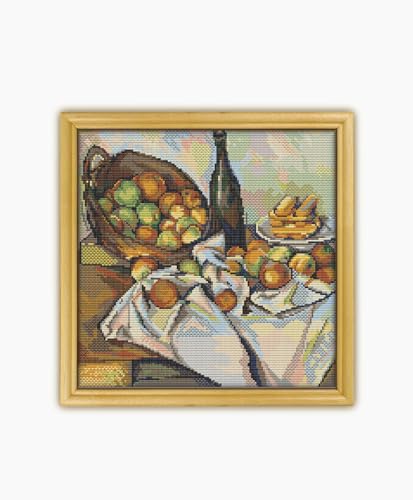 The Basket of Apples by Paul Cezanne CS2255 - Counted Cross Stitch KIT#2. Set of Threads, Needles, AIDA Fabric, Needle Threader, Embroidery Clippers and Printed Color Pattern Inside.