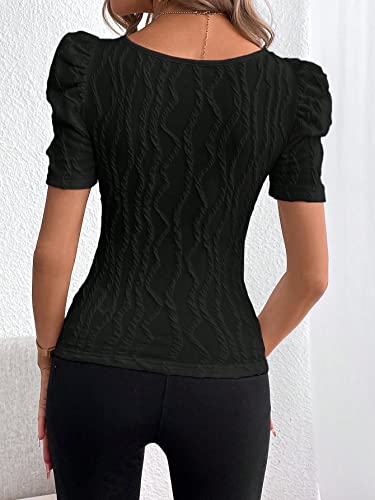 GORGLITTER Women's Puff Short Sleeve Square Neck Top Textured Knitted T Shirt Going Out Tops2