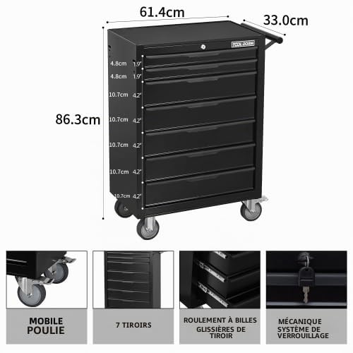 Servante d'atelier avec 7 tiroirs | Servante à outils à fermeture centrale et roulettes robustes | Caisson à roulettes noir tiroirs à roulement à billes | Armoire à tiroirs pour garage et