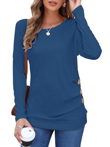 MOLERANI Tunic Tops for Women Long Sleeve Fall Winter Shirts with Leggings - Cozy Button Up Crewneck Blouses for Outdoor Activities,Blue,2XL