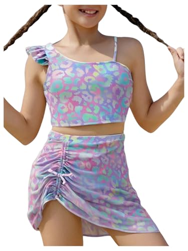 Image of MakeMeChic Girl's Three Piece Leopard Print Asymmetrical Neck Ruffle Bikini Set with Drawstring Cover Up Skirt