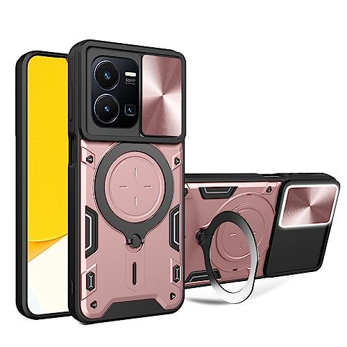 SEAHAI Funda para Vivo Y22 / Vivo Y22s / Vivo Y35, [Rugged Armour] Antigolpes Carcasa con Metálico Anillo Magnético Soporte y Cámara Deslizante Proteger, Anti-Caída Silicona Case - Oro Rosa