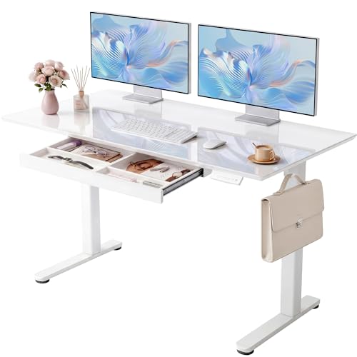 Image of YDN Glass Standing Desk with Drawer, 55 x 24 Inches Electric Adjustable Height Desk, Sit Stand Home Office Desk with Tempered Glass Top, 4 Memory Presets Ergonomic Computer Desk, Super White