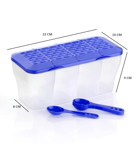 Image of TASTIC Multipurpose Plastic 4 in 1 Masala Box for Kitchen | Spice Boxes for Kitchen | Transparent 4 Compartment Storage Containers Airtight | Dabba with 4 Spoons | (BLUE, STANDARD)
