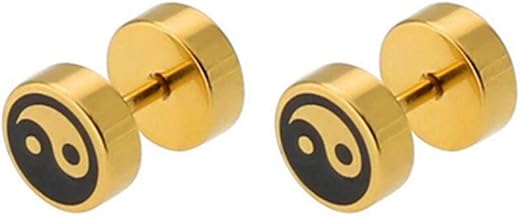 Yin Yang Taichi Screw Stud Earrings, 8mm Gold Silver Black Stainless Steel Balance Gauges Illusion Tunnel Ear Plugs for Me...