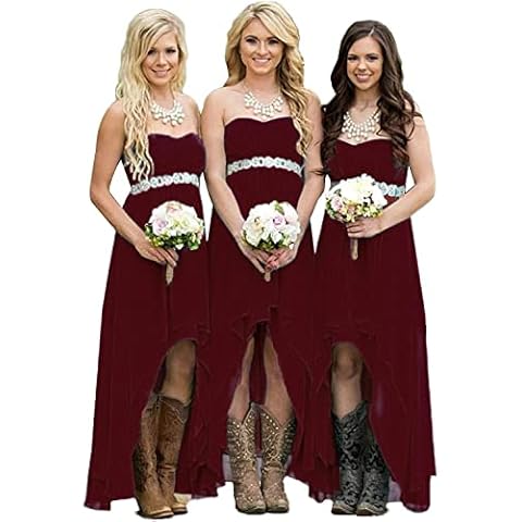 Fanciest Women' Strapless High Low Bridesmaid Dresses Wedding Party Gowns Burgundy US2 Cover