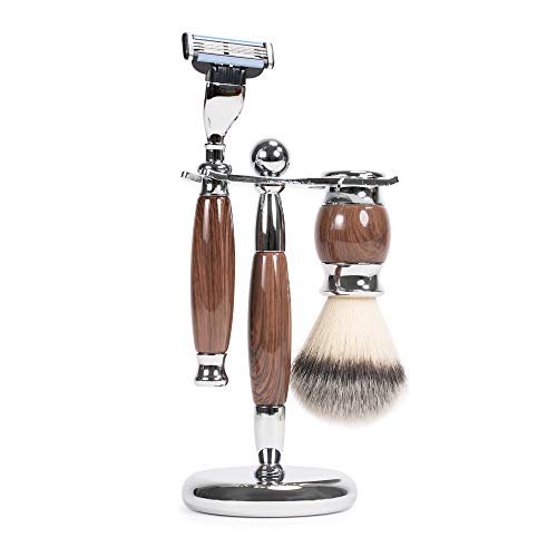 WYZworks Wooden Luxury 3 Piece Oak Shave Kit Badger Brush Shaver Hanger Gentleman Set Compatible for Gillette Mach3 Razor