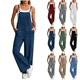 Linen Dungarees for Women UK Cotton Linen Wide Leg Jumpsuit with Pockets Button Adjustable Straps Long Playsuits Loose Fit Plain Sleeveless Womens Overalls Summer Casual Trousers S-XXL