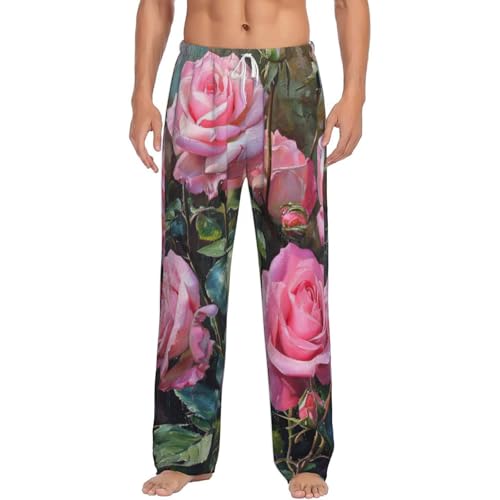 Pantalon de pyjama homme roses fraîches vêtement de nuit confortable doux et élégant
