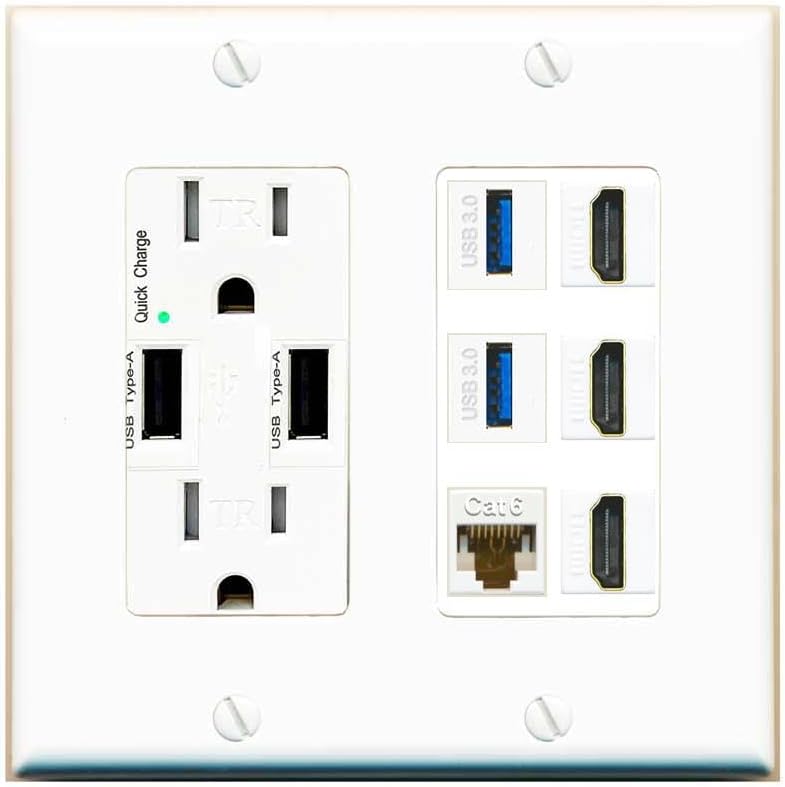 RiteAV 3 Port HDMI 2 Port USB 3.0 1 CAT6-RJ45 Wall Plate - USB Outlet [Ivory/White]