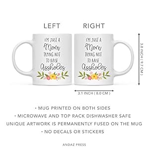 Andaz Press Funny Mother's Day 11oz. Coffee Mug Gift for Mom, I'm Just a Mom Trying Not to Raise Assholes, 1-Pack, Novelty Birthday Christmas Hot Chocolate Cup Andaz Press Funny Mothers Day 11oz Coffee Mug Gift for Mom Im Just a Mom Trying Not to Raise Assholes 1 Pack Novelty Birthday Christmas Hot Chocolate Cup