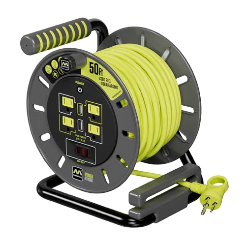 Masterplug 50ft Cord Reel, Retractable Extension Lead with Winding Handle, Safety Overload Circuit Breaker and Power Switch, 4X Grounded Outlets, 2X USB Ports, 13amps, 14AWG Cable