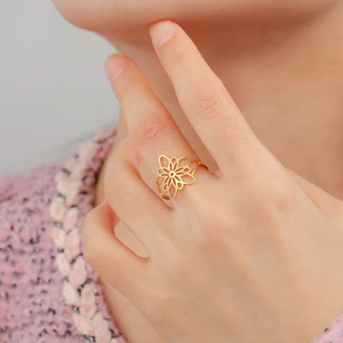 TEAMER Bohemian Flower Of Life Ring Stainless Steel Elegant Filigree Flower Ring Wedding Band Ring Exquisite Jewelry For Women2