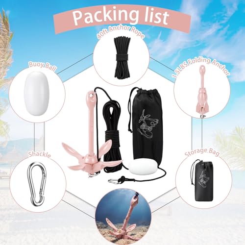 Image of MorningRo 1 Pack 1.5 /3.5 lb Marine Kayak Anchor Kit with 40ft Rope and Buoy Folding Grapnel Boat Anchor Kit Kayak Fishing Accessories for Small Boats, Canoe, SUP Paddle Boards