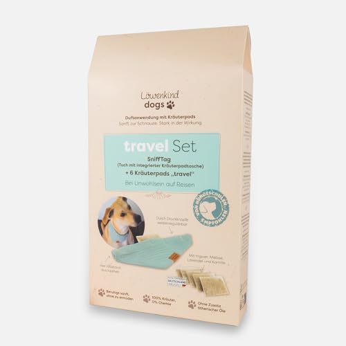 Löwenkind Dogs 100% natürliche Pads für Reiseübelkeit Hunde - wirkungsvolle Entspannung bei Autofahrten (Set mit 6 Kräuterpads und SniffTag, Travel-Pads bei Reiseübelkeit)