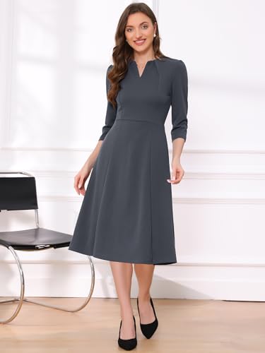 Image of Allegra K Womens 3 /4 Sleeve A-Line Business Work Formal Midi Dress | Elegant Dresses with Pockets, V Neck, Cockatail Party Church Funeral Outfits, Spring Fall Winter