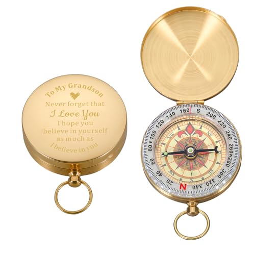 KINMES Brass Engraved Compass - Inspirational Gifts for Grandson: Baptism, Confirmation, Graduation, Christmas, Stocking Stuffers