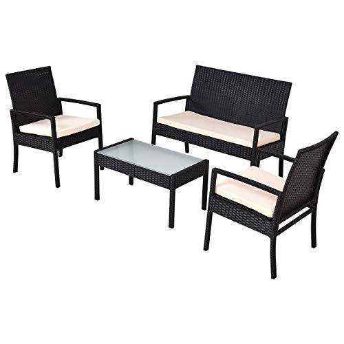 Image of Carry Bird 4 Piece PE Wicker Rattan Outdoor Furniture | 4 Seater Balcony Sofa With Tea Table | Set of 2+1+1 Outdoor Patio Chairs with Coffee Table | Sofa Sets & Center Table for Home & Garden | 3 Piece Patio Stools with Table | Indoor Patio Furniture Set Space Saving | Rattan Chair | Patio Set | Wicker Conversation Set | Poolside Lawn Arm Chairs Set For Balcony & Terrace | Balcony Table chair Set | Hotel Patio Seating Chair & Table Set with Glass | Dark Brown Sofa Beige Cushion