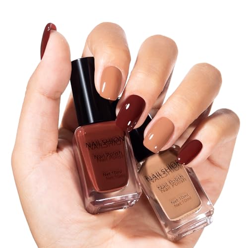 Nailshion Chocolate Brown Nail Polish, 2 Colors Mocha Mousse Fall Winter Nail Polish Duo Non-Gel, Opaque, Fast Drying, Streak Free & Long Lasting Glossy Nail Art Gift for Women