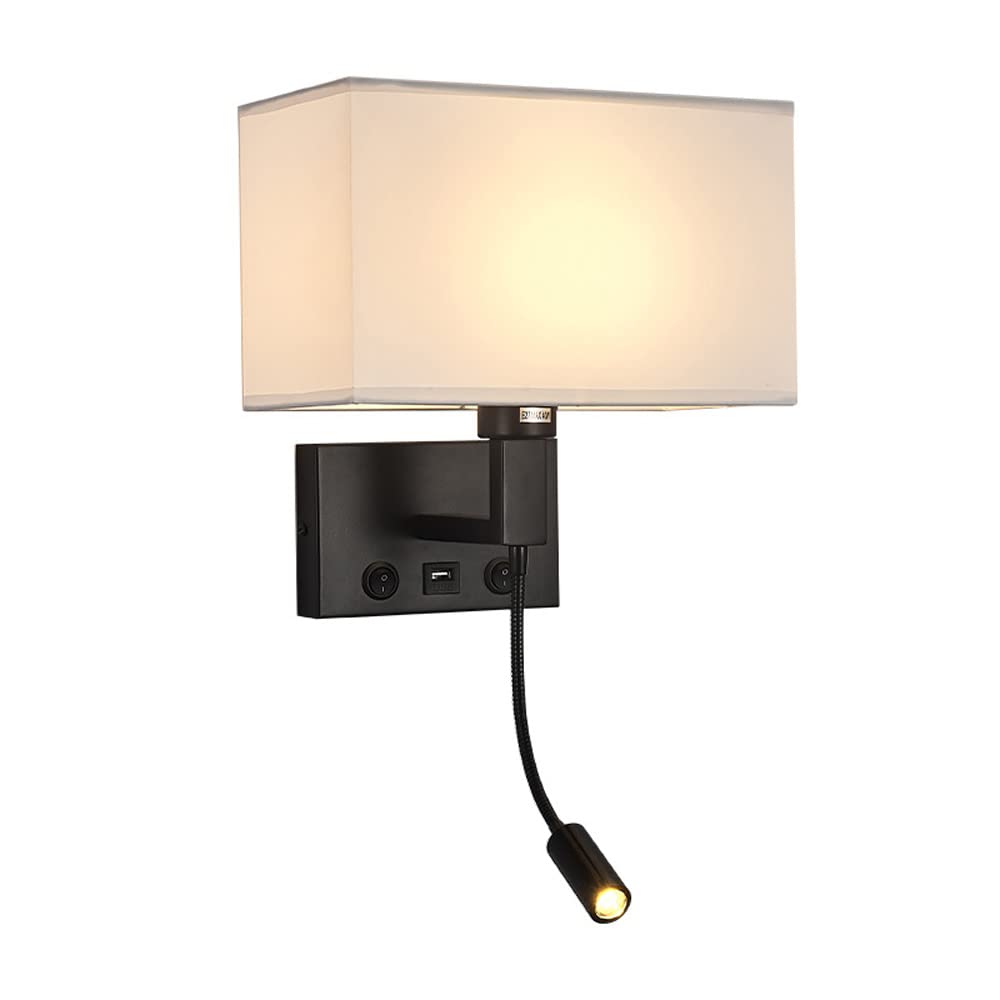 SXECAEPS Fabric Wall Lamp Bedroom Mount Reading Light with Switch Modern Black Metal Hardwired Sconce, USB Charging Flexible Gooseneck Bedside Lighting Fixture