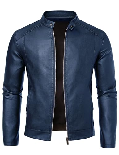 Zbrandy Mens Leather Jacket Faux Leather Motorcycle Jackets Stand Collar Biker Coat Outwear Dark Blue L