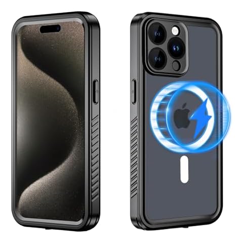 SZFIRSTEY Magnetic for iPhone 15 Pro Case Waterproof with Built-in Screen Protector,Compatible with MagSafe Shockproof Dustproof Heavy Duty Full Body Protective Cover 6.1 Inch Black Cover