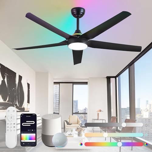Fanbulous 56'' Smart Ceiling Fans with RGB Lights, Modern Ceiling Fan with Alexa/App/Remote Control, Dimmable LED Light, Reversible DC Motor, for Living Room, Bedroom, Game Room, Black