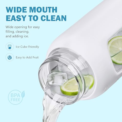 Image of 24 oz Glass Water Bottle with Straw - 2 Lids (Bamboo & Spout Lid), Motivational Borosilicate Glass Daily Water Intake Bottle with Time Marker, Silicone Sleeve for Gym Home Office-White