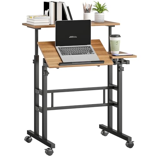 HOMCOM Bureau Assis Debout, Bureau réglable en Hauteur 70 x 60 cm, Table Ordinateur à roulettes avec Plateau inclinable, Poste de Travail pour Chambre,...