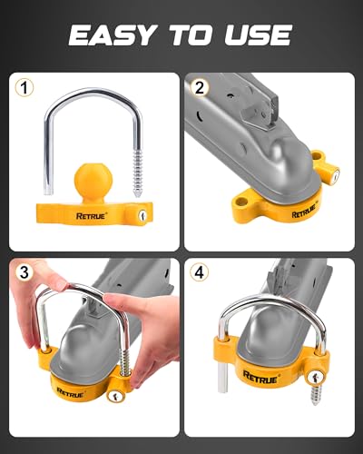 Image of RETRUE Universal Coupler Lock Trailer Locks Ball Hitch Trailer Hitch Lock Adjustable Security Heavy-Duty Steel Fits 1-7 /8 Inch, 2 Inch, 2-5 /16 Inch Couplers, Yellow, Lightweight (4 Pack Keyed Alike)