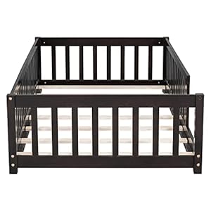 Toddler Twin Size Floor Bed with Fence for Kids,Solid Wood Bedframe,Easy to Assemble, No Box Spring Needed,Espresso Toddler Twin Size Floor Bed with Fence for KidsSolid Wood BedframeEasy to Assemble No Box Spring NeededEspresso