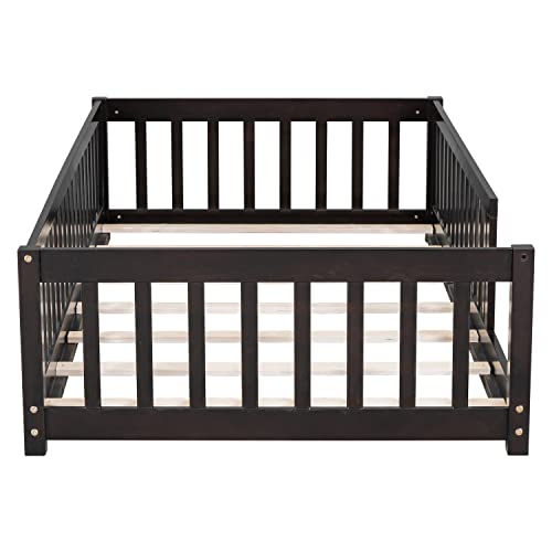 Toddler-Twin-Size-Floor-Bed-with-Fence-for-KidsSolid-Wood-BedframeEasy-to-Assemble-No-Box-Spring-NeededEspresso Toddler Twin Size Floor Bed with Fence for KidsSolid Wood BedframeEasy to Assemble No Box Spring NeededEspresso